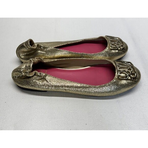 Lilly Pulitzer‎ Metallic Gold Logo Classic Leather Ballet Flats Sz. 7 - Picture 3 of 8